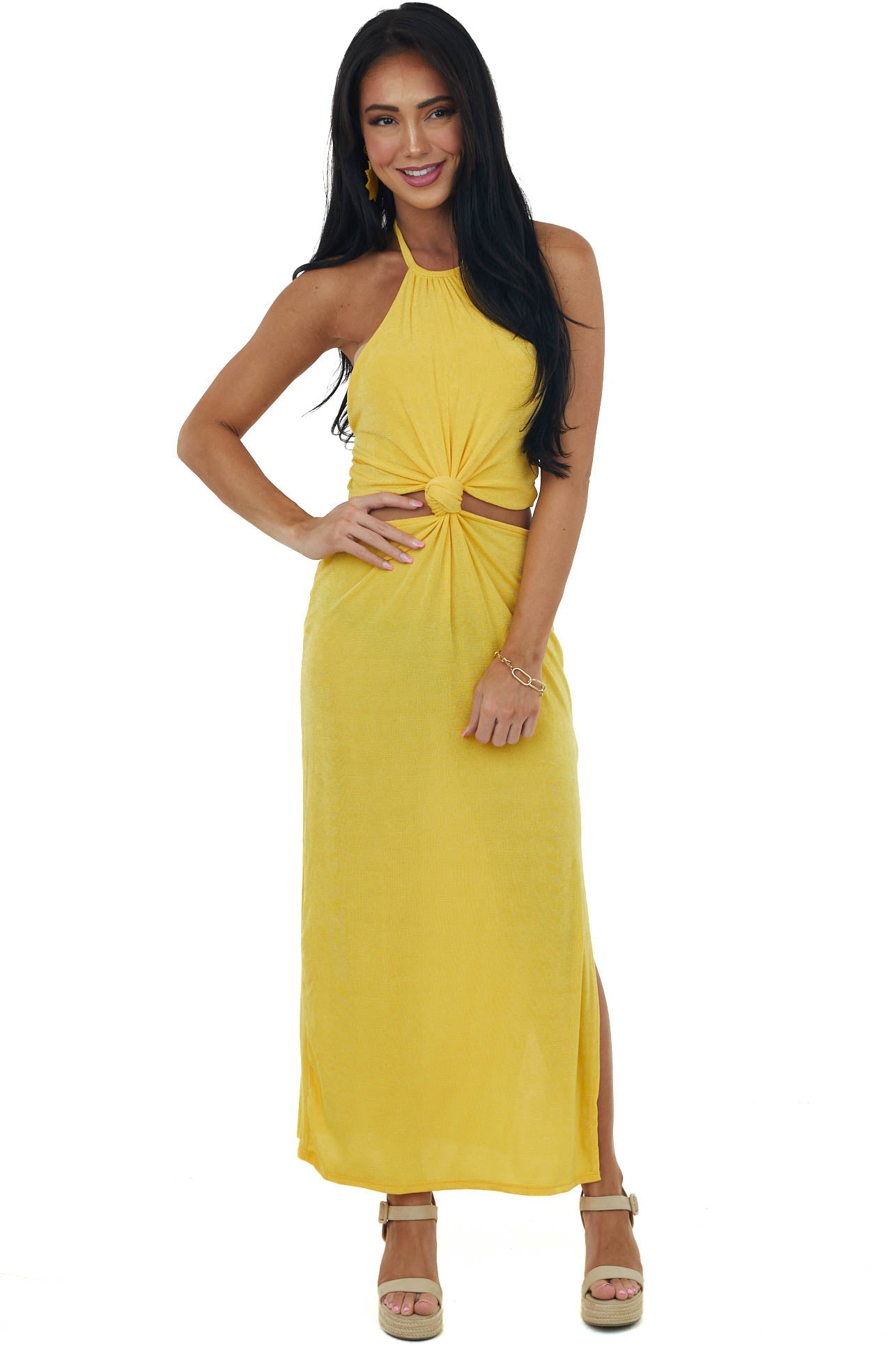 Canary Yellow Knot Twist Halter Neck Midi Dress