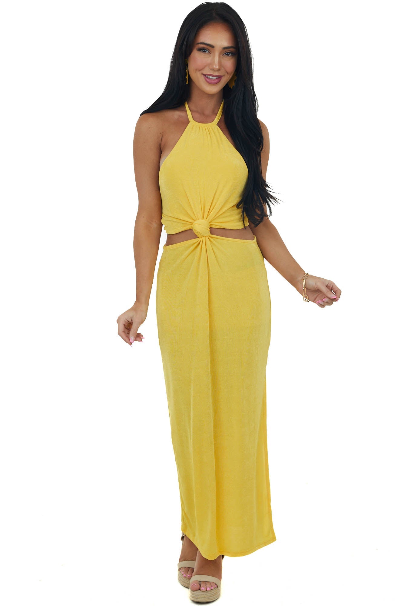 Canary Yellow Knot Twist Halter Neck Midi Dress