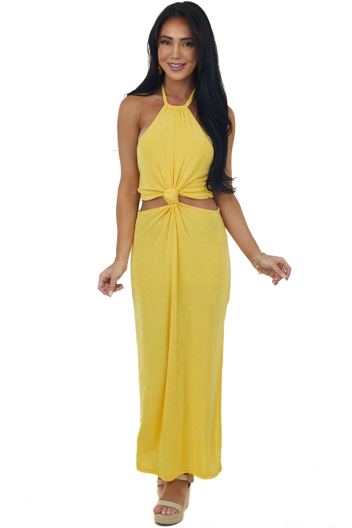 Canary Yellow Knot Twist Halter Neck Midi Dress