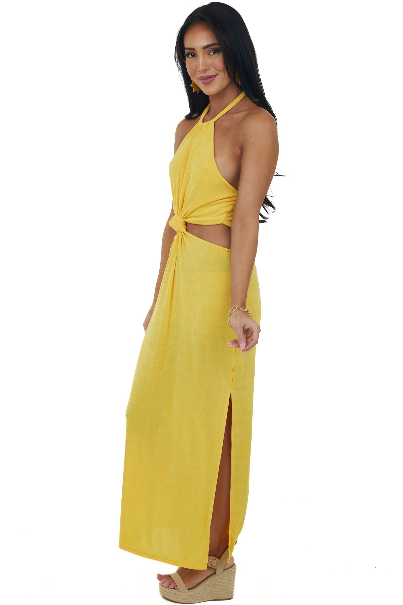 Canary Yellow Knot Twist Halter Neck Midi Dress