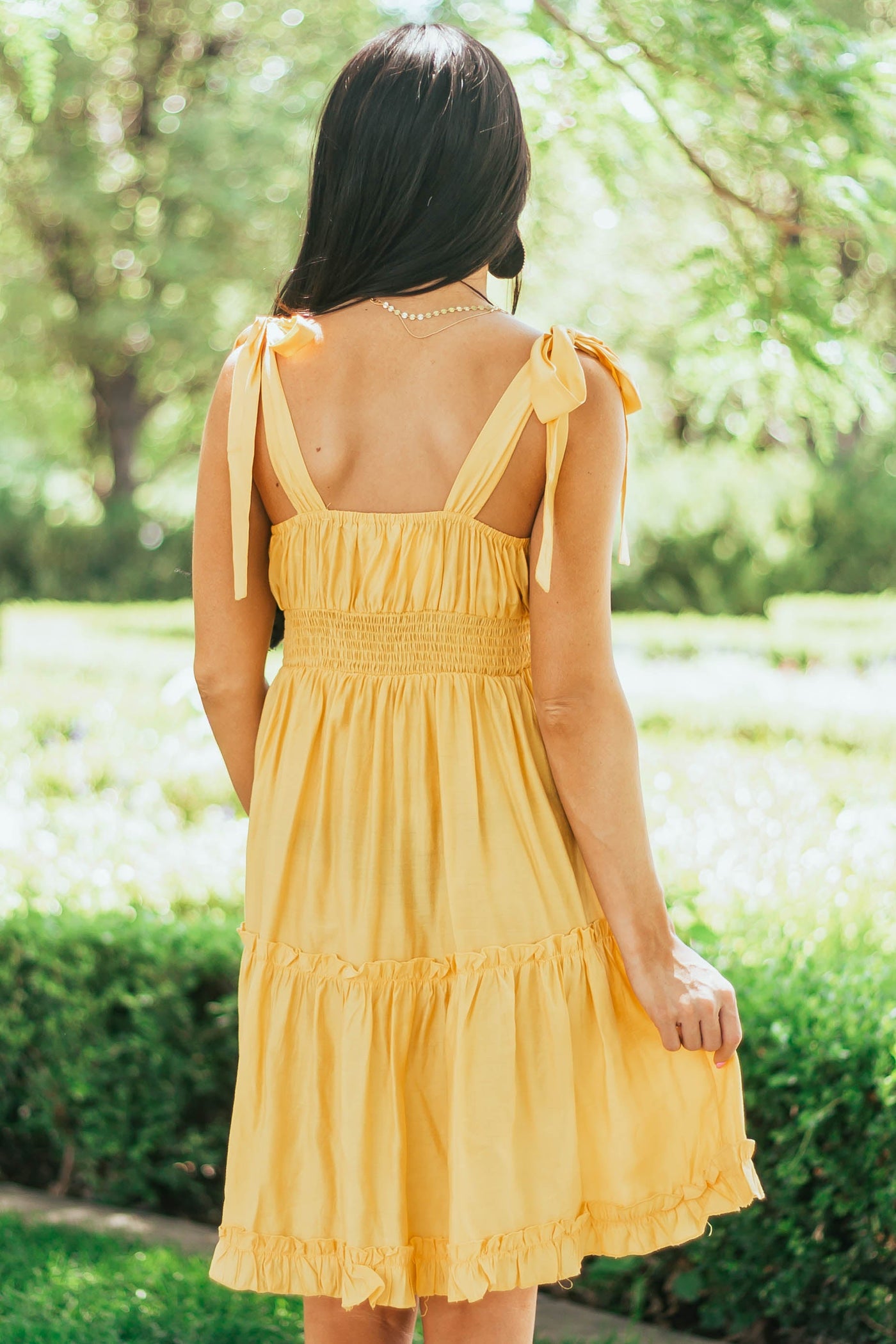 Canary Yellow Shoulder Tie Strap Ruffle Tiered Dress