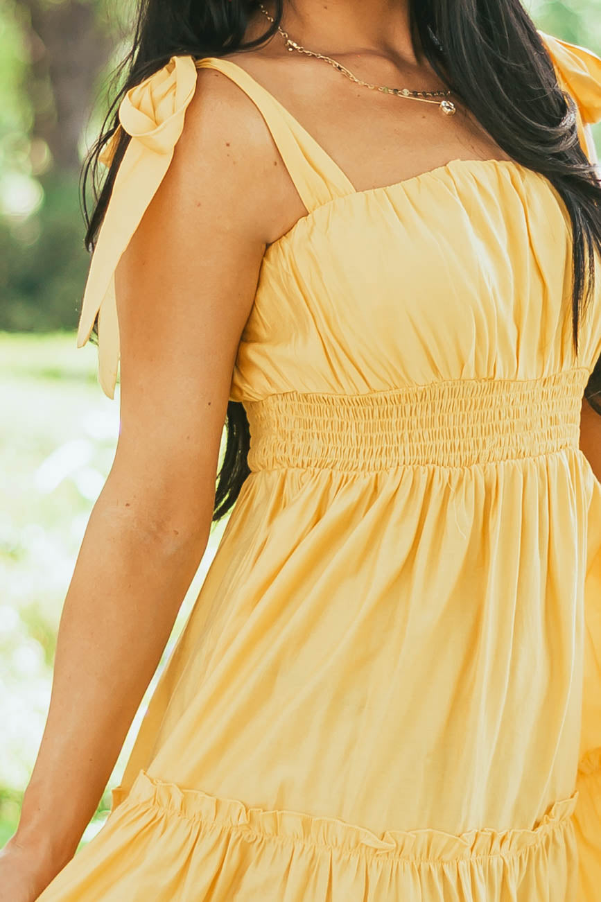 Canary Yellow Shoulder Tie Strap Ruffle Tiered Dress