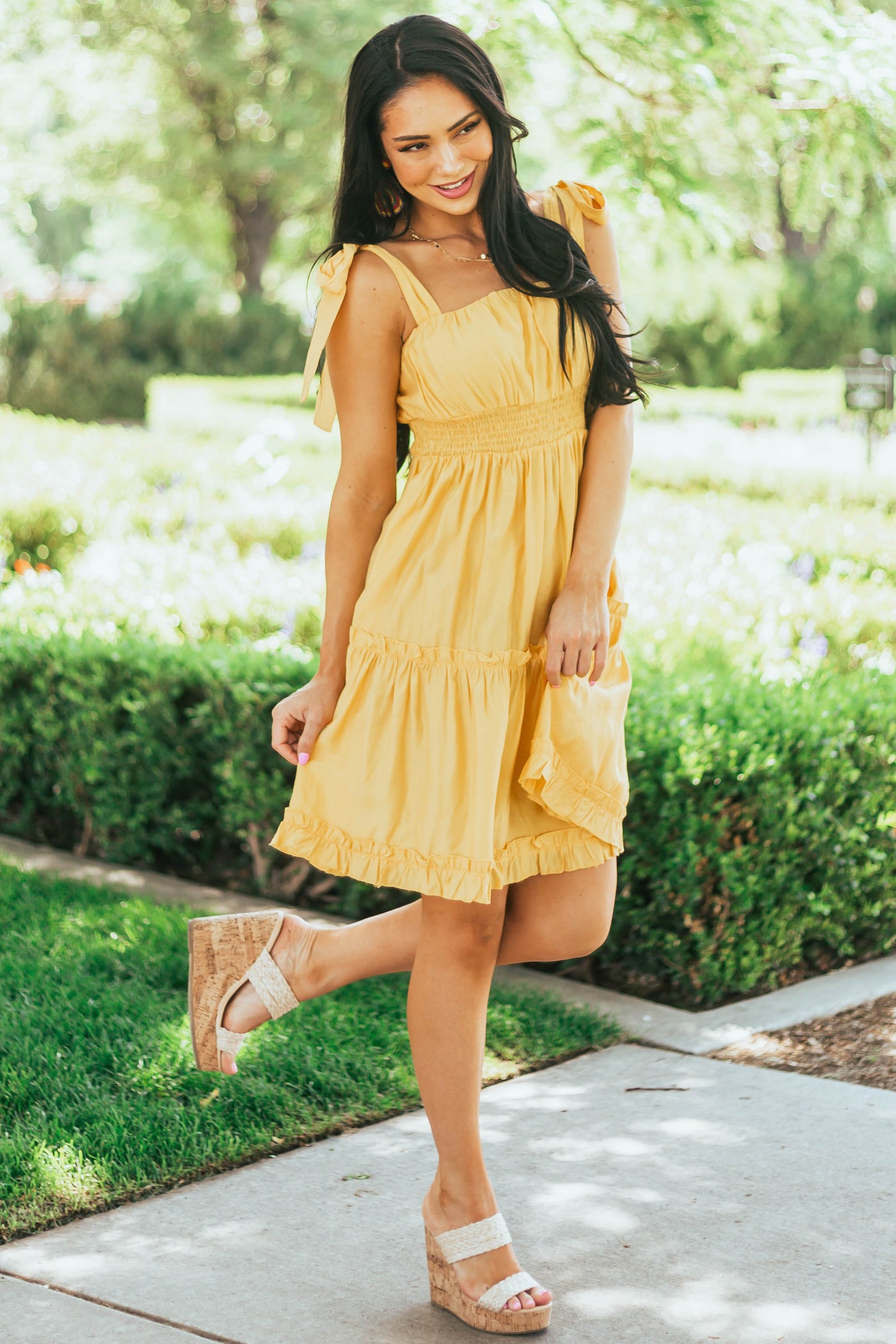 Canary Yellow Shoulder Tie Strap Ruffle Tiered Dress
