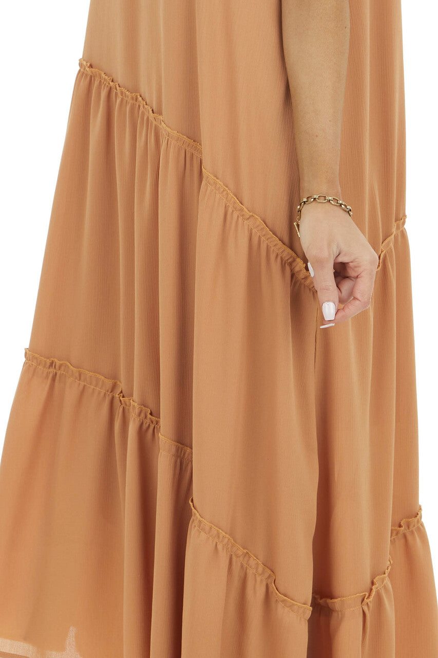 Caramel Asymmetrical Spaghetti Strap Tiered Midi Dress 