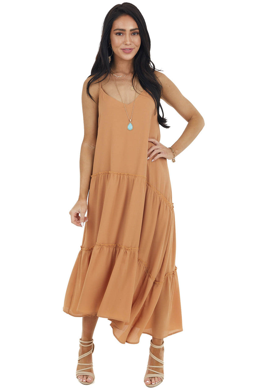 Caramel Asymmetrical Spaghetti Strap Tiered Midi Dress 
