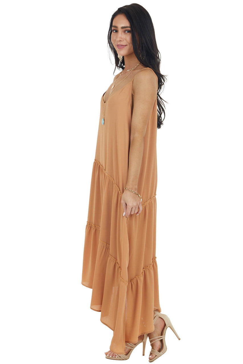 Caramel Asymmetrical Spaghetti Strap Tiered Midi Dress 
