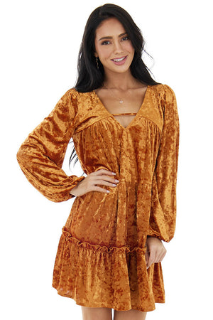 Caramel Crushed Velvet Long Sleeve Short Dress 