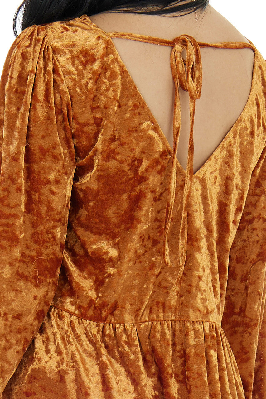 Caramel Crushed Velvet Long Sleeve Short Dress 