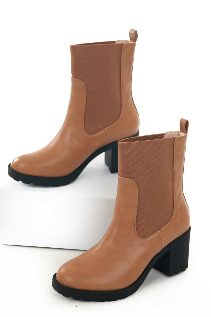 Caramel Faux Leather Elastic Panel Lug Booties