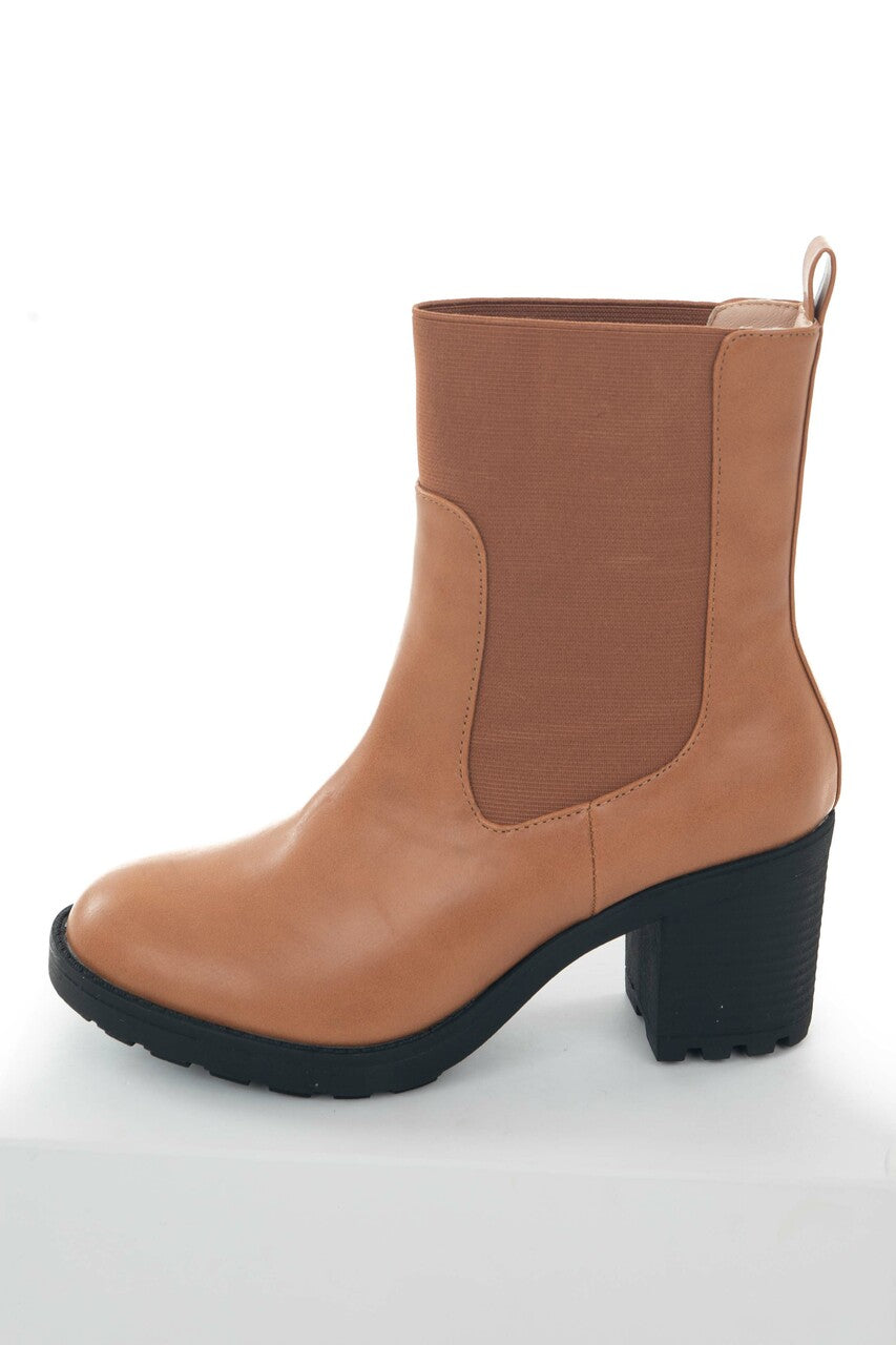 Caramel Faux Leather Elastic Panel Lug Booties