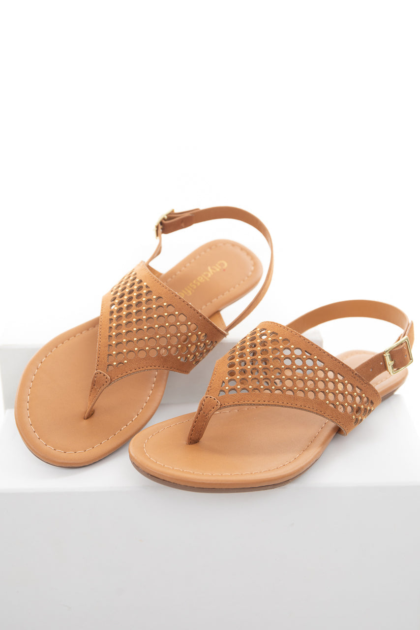 Caramel Faux Suede Circle Cutout Sandals with Gold Stud Details 