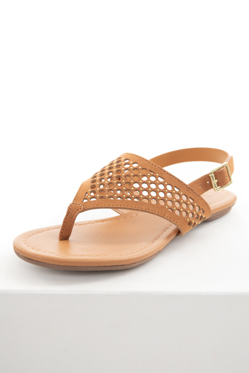 Caramel Faux Suede Circle Cutout Sandals with Gold Stud Details 
