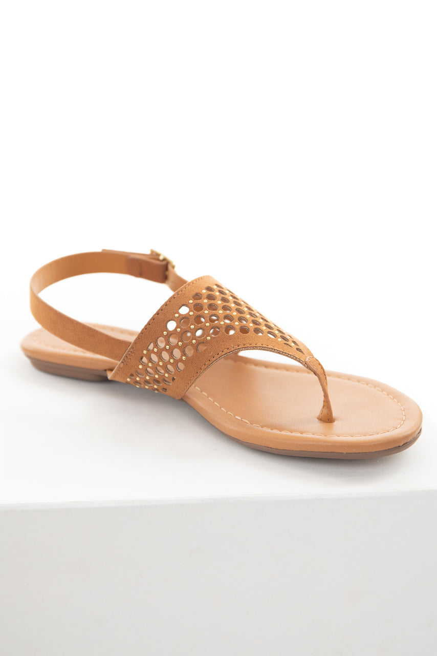 Caramel Faux Suede Circle Cutout Sandals with Gold Stud Details 