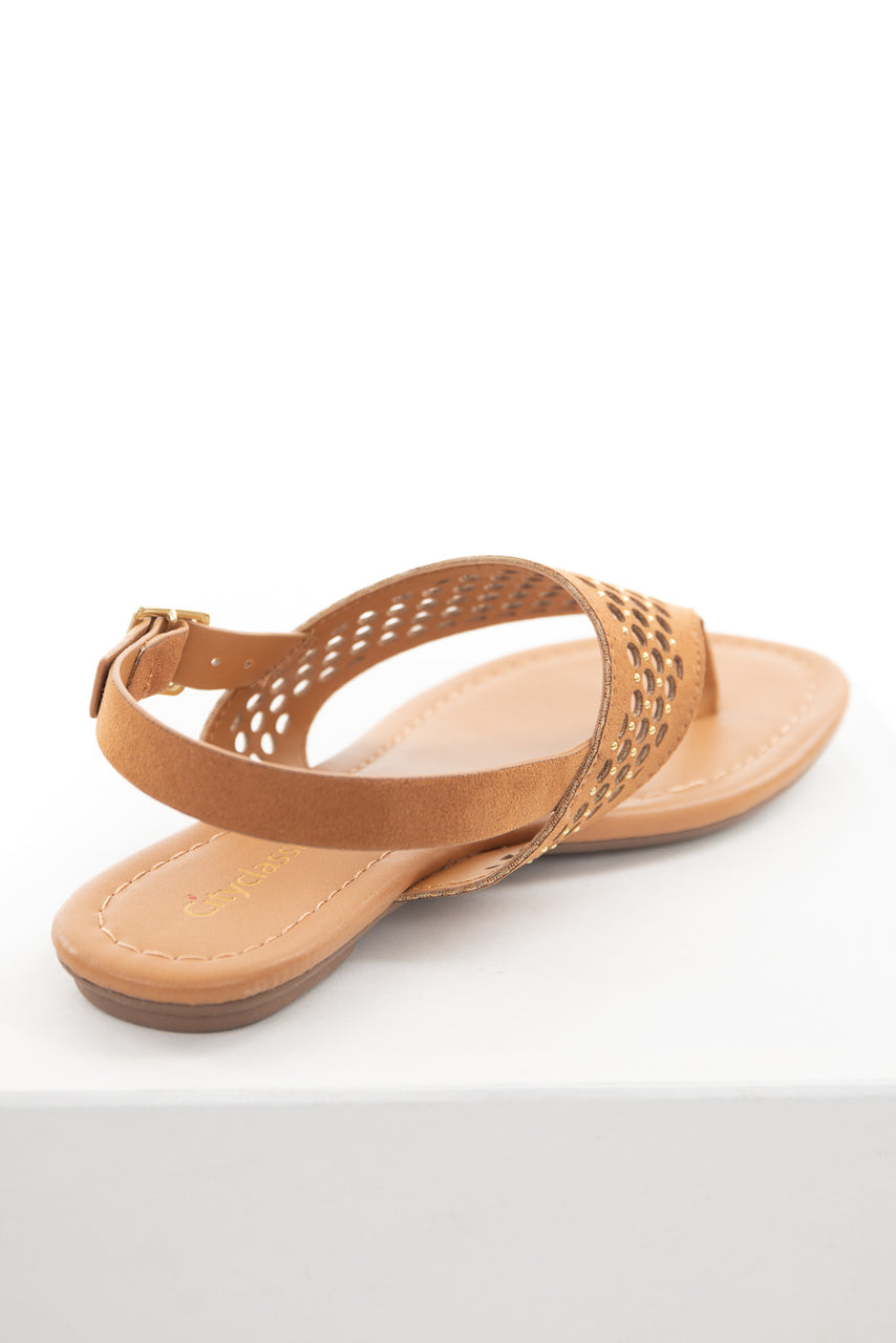 Caramel Faux Suede Circle Cutout Sandals with Gold Stud Details 