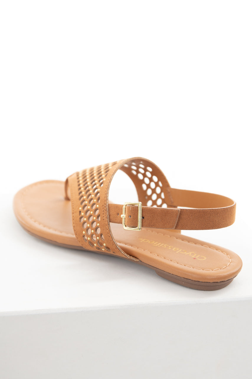 Caramel Faux Suede Circle Cutout Sandals with Gold Stud Details 