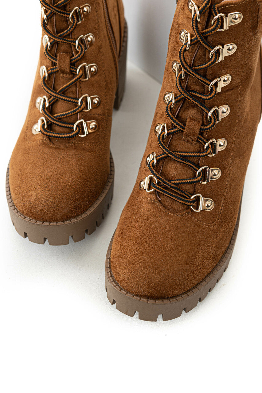 Caramel Faux Suede Lace Up Heeled Lug Booties