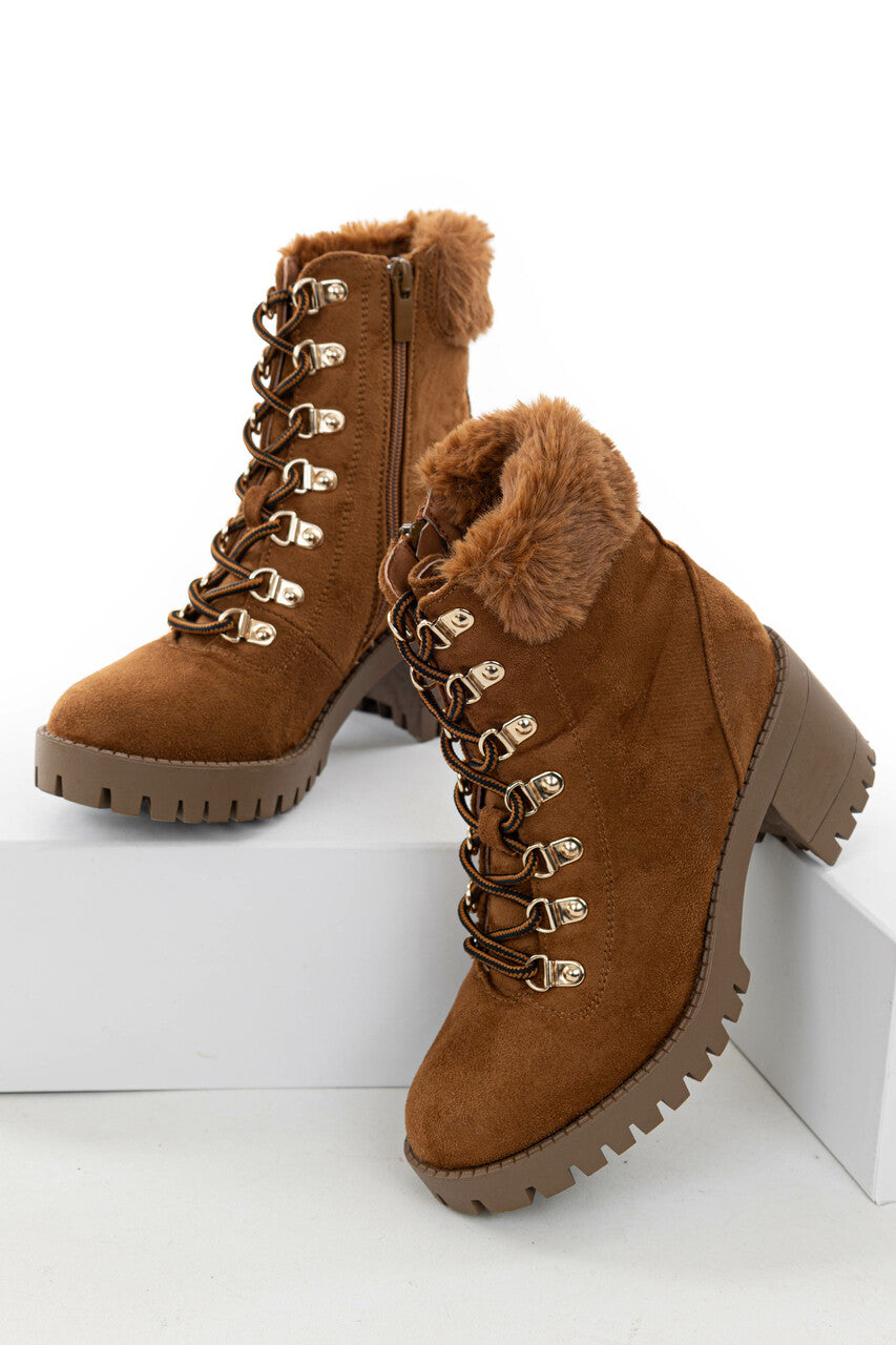 Caramel Faux Suede Lace Up Heeled Lug Booties