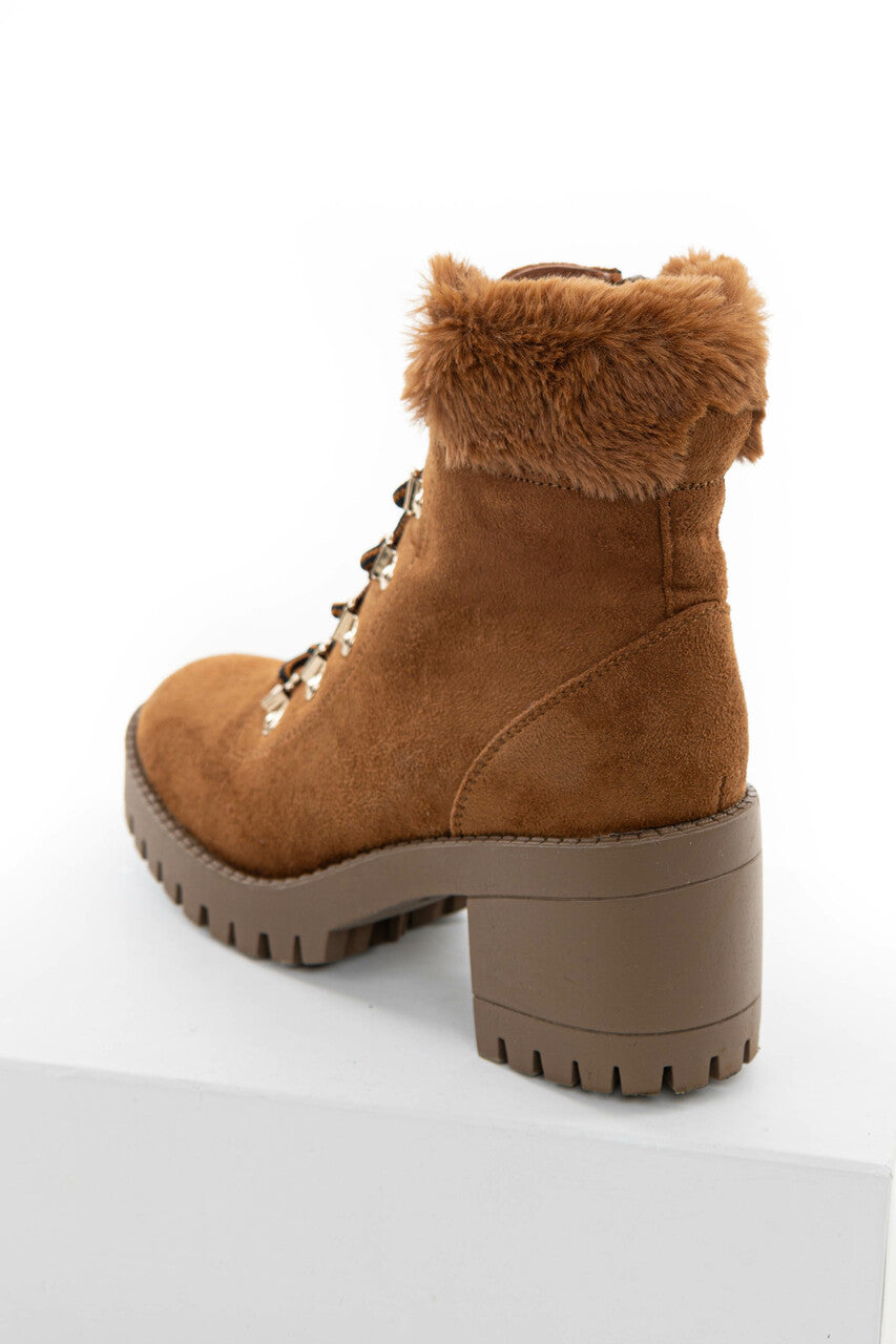 Caramel Faux Suede Lace Up Heeled Lug Booties