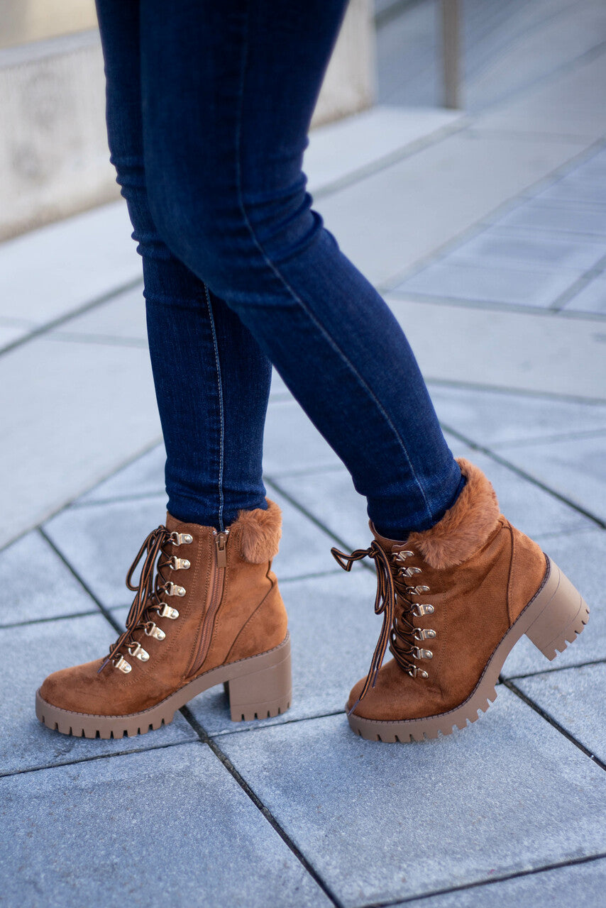 Caramel Faux Suede Lace Up Heeled Lug Booties