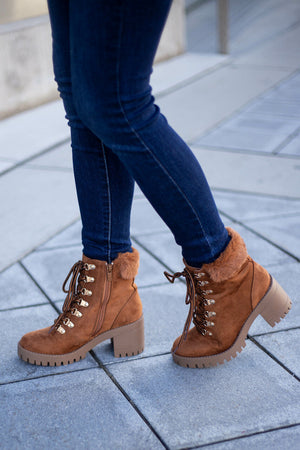 Caramel Faux Suede Lace Up Heeled Lug Booties