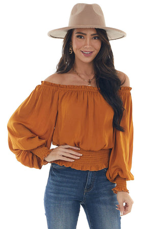 Caramel Off Shoulder Long Sleeve Blouse 