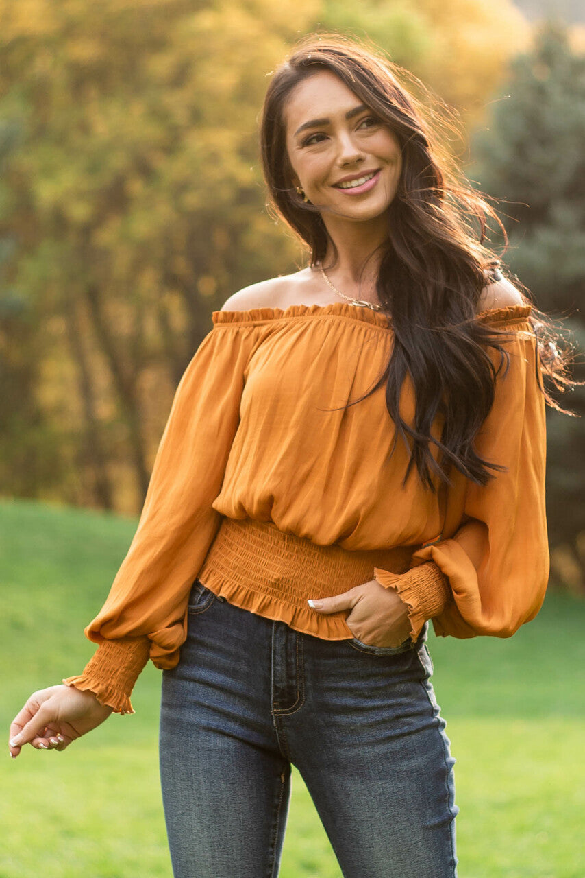 Caramel Off Shoulder Long Sleeve Blouse 