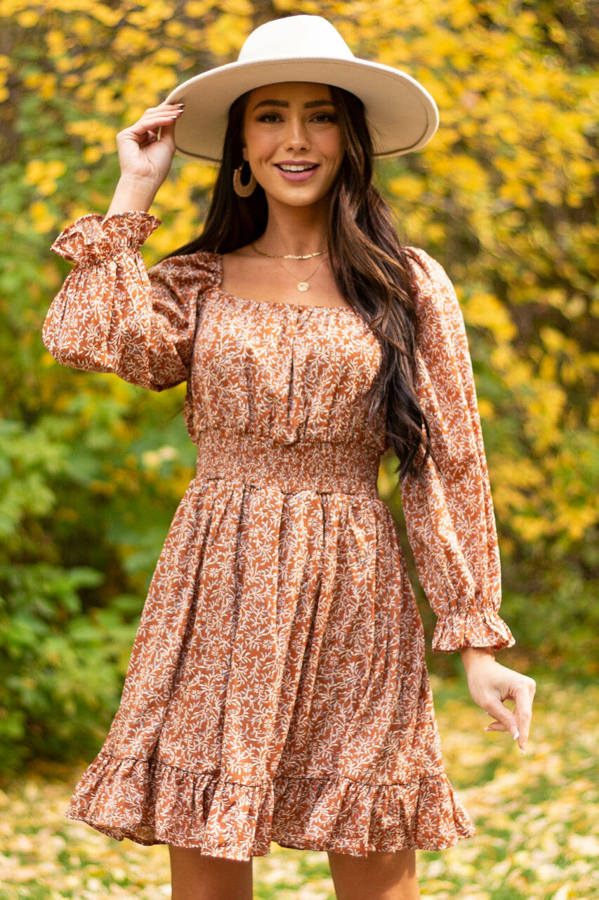 Caramel Printed Long Bubble Sleeve Short Dress