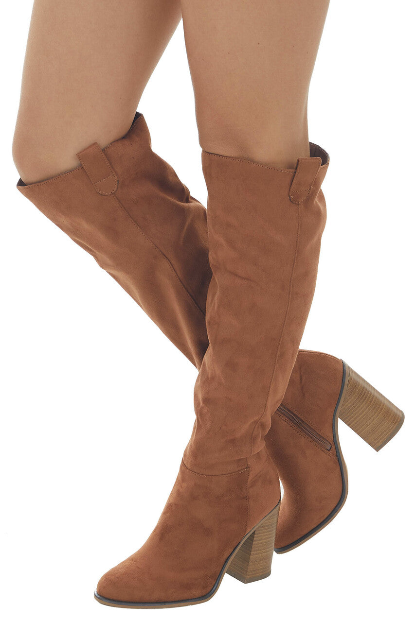 Caramel Suede Block Heel Knee High Boots