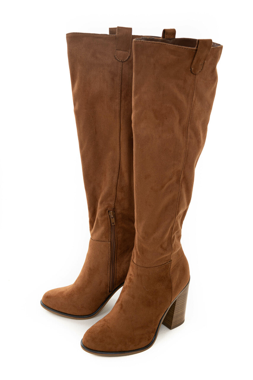 Caramel Suede Block Heel Knee High Boots