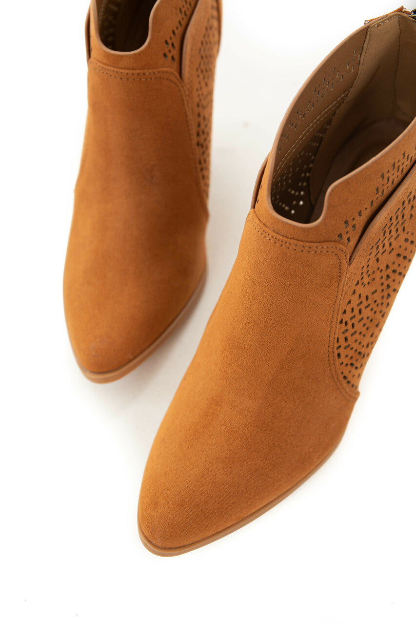 Caramel Suede Laser Cut Out Wood Heel Booties