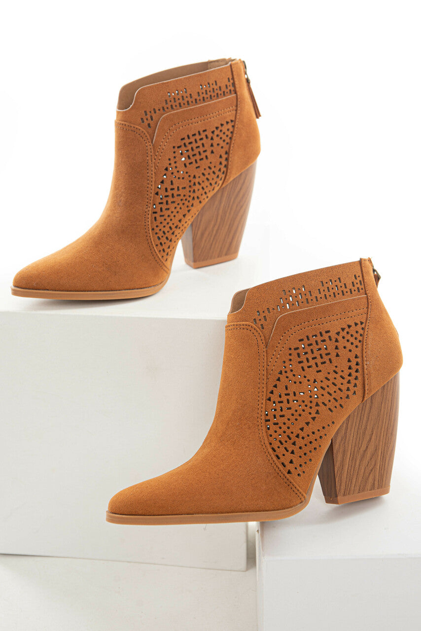 Caramel Suede Laser Cut Out Wood Heel Booties