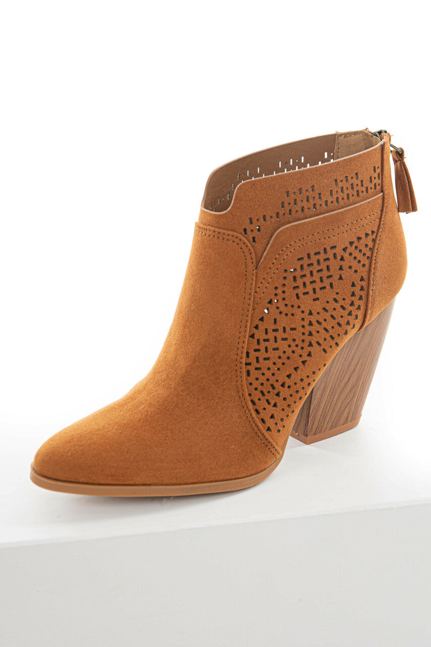 Caramel Suede Laser Cut Out Wood Heel Booties