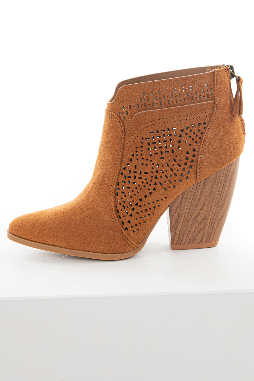 Caramel Suede Laser Cut Out Wood Heel Booties