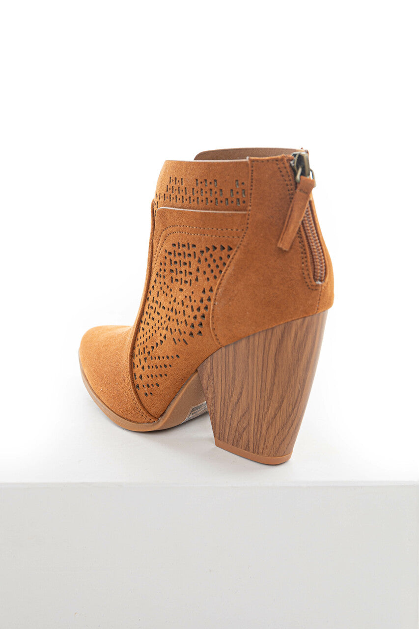Caramel Suede Laser Cut Out Wood Heel Booties