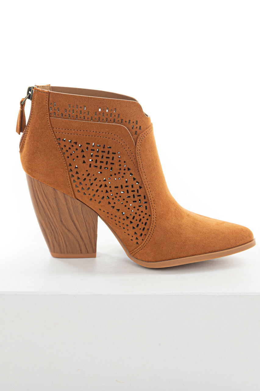 Caramel Suede Laser Cut Out Wood Heel Booties