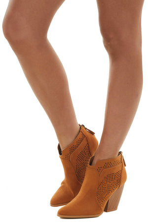Caramel Suede Laser Cut Out Wood Heel Booties