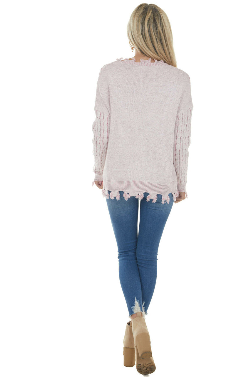 Carnation Cable Knit Distressed Trim Sweater