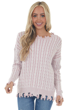 Carnation Cable Knit Distressed Trim Sweater