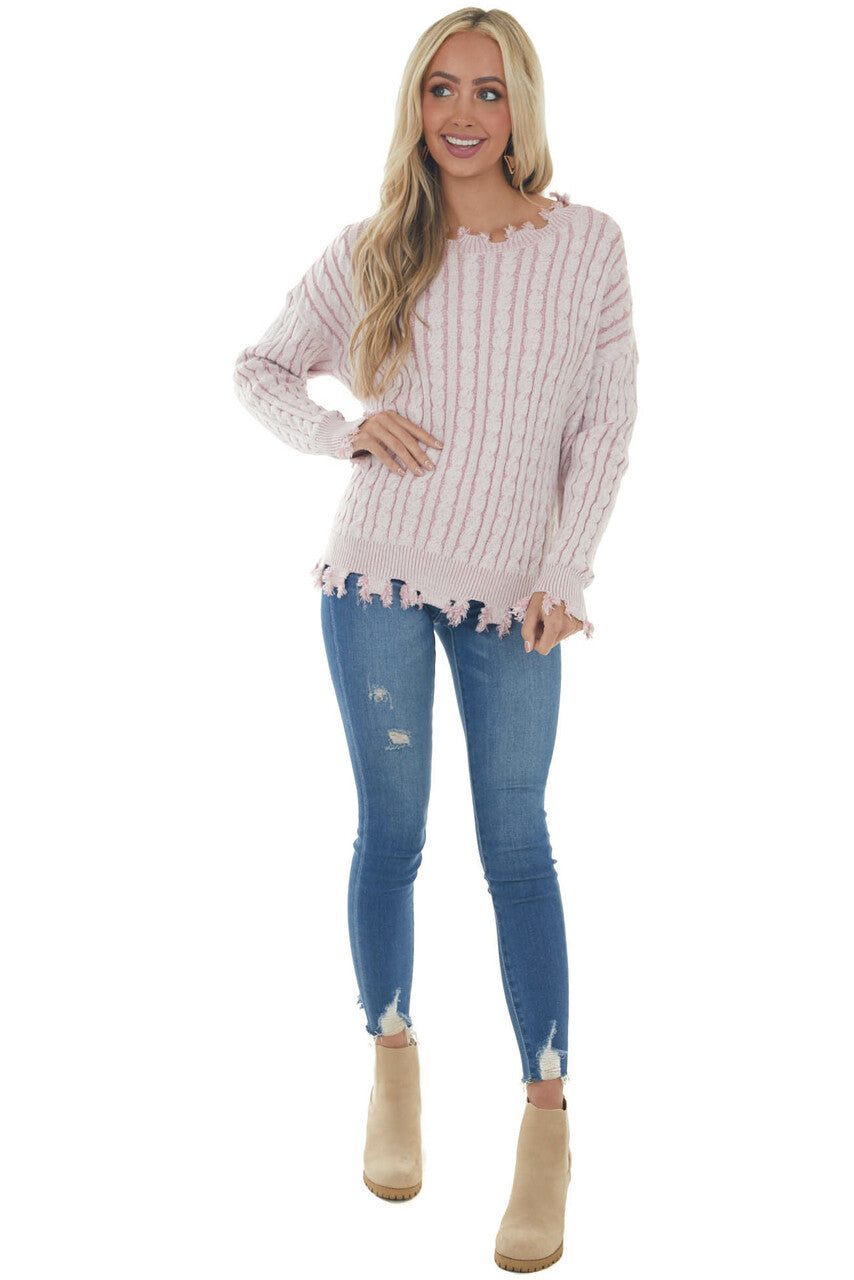 Carnation Cable Knit Distressed Trim Sweater