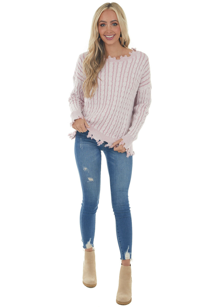 Carnation Cable Knit Distressed Trim Sweater