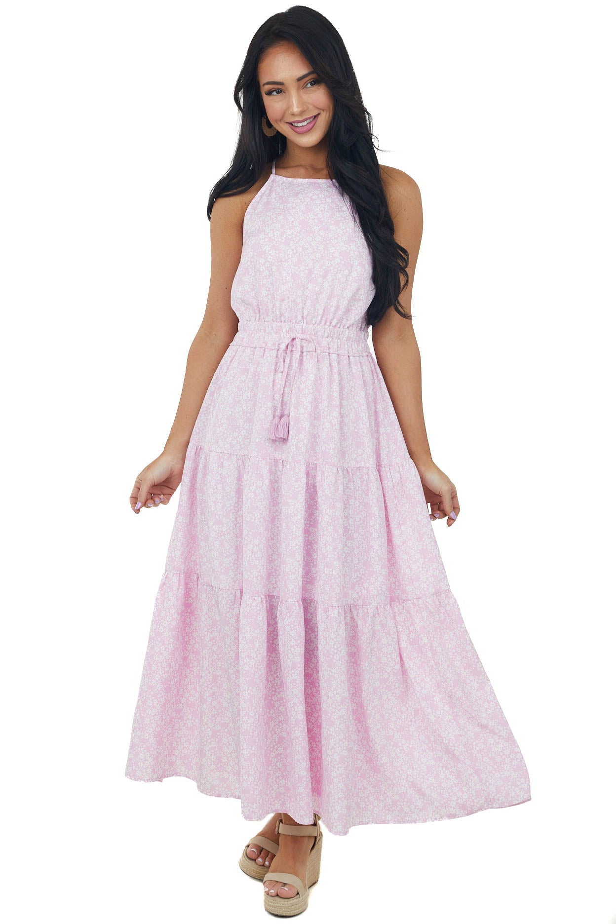 Carnation Floral Print Halter Neck Maxi Dress