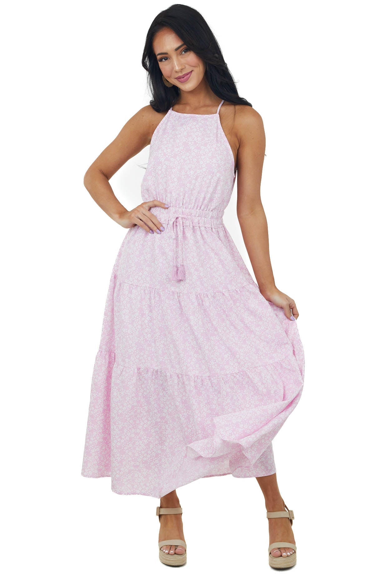 Carnation Floral Print Halter Neck Maxi Dress