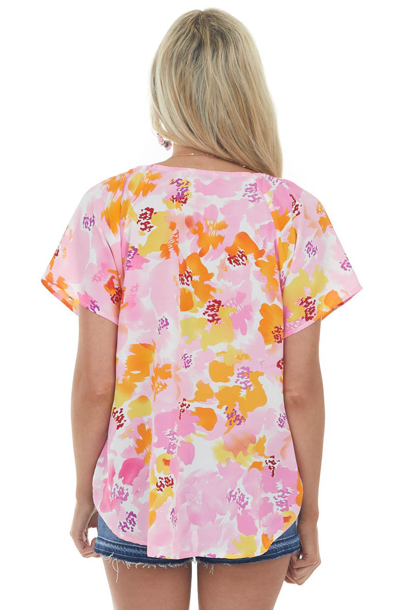 Carnation Floral Short Sleeve Surplice Blouse