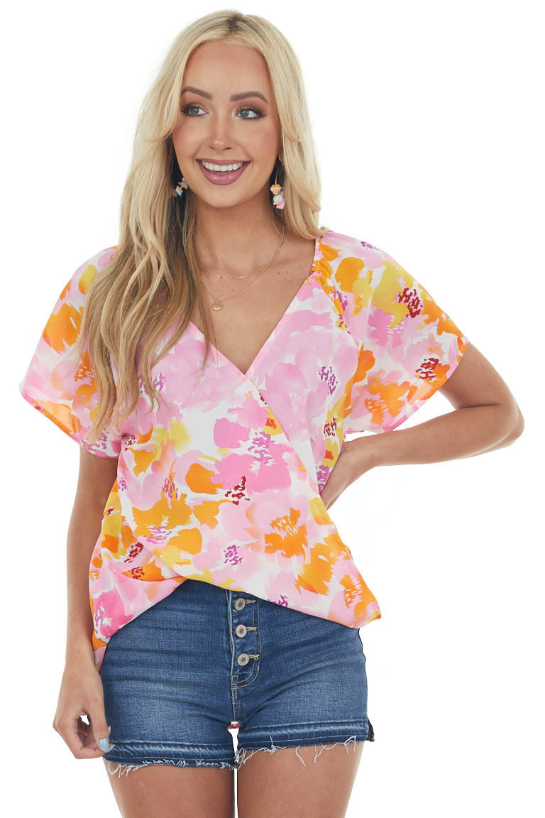 Carnation Floral Short Sleeve Surplice Blouse