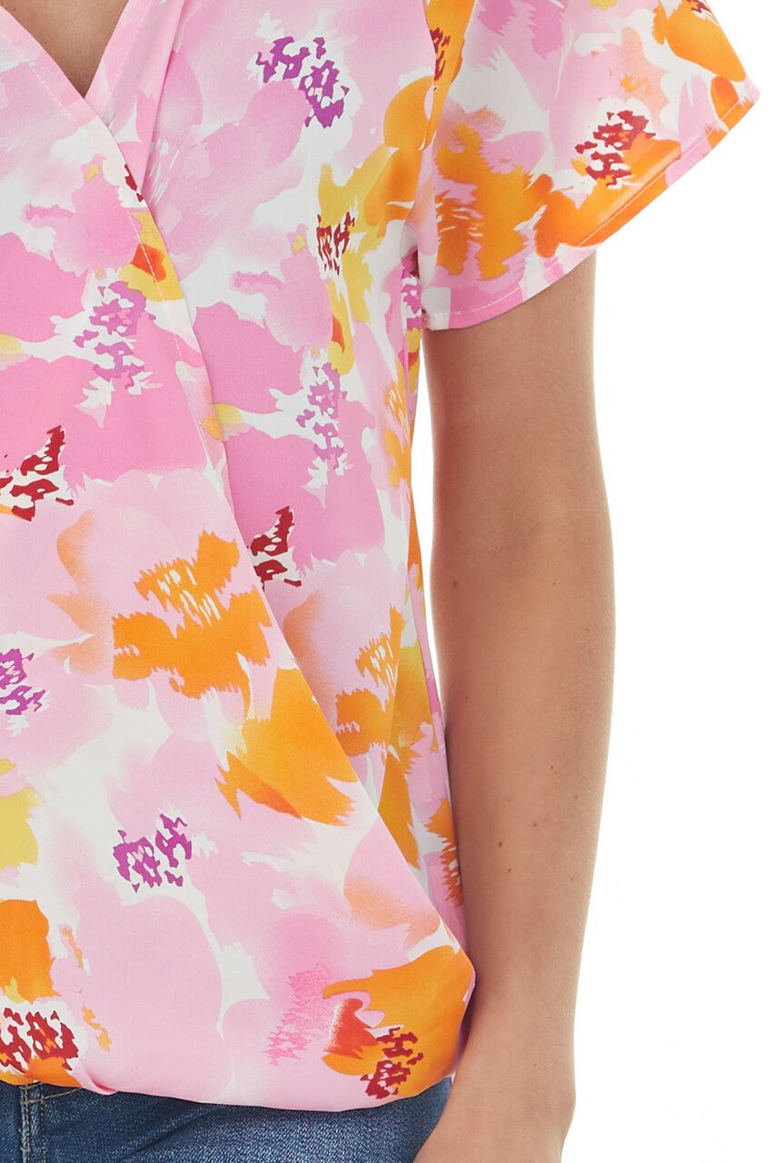 Carnation Floral Short Sleeve Surplice Blouse