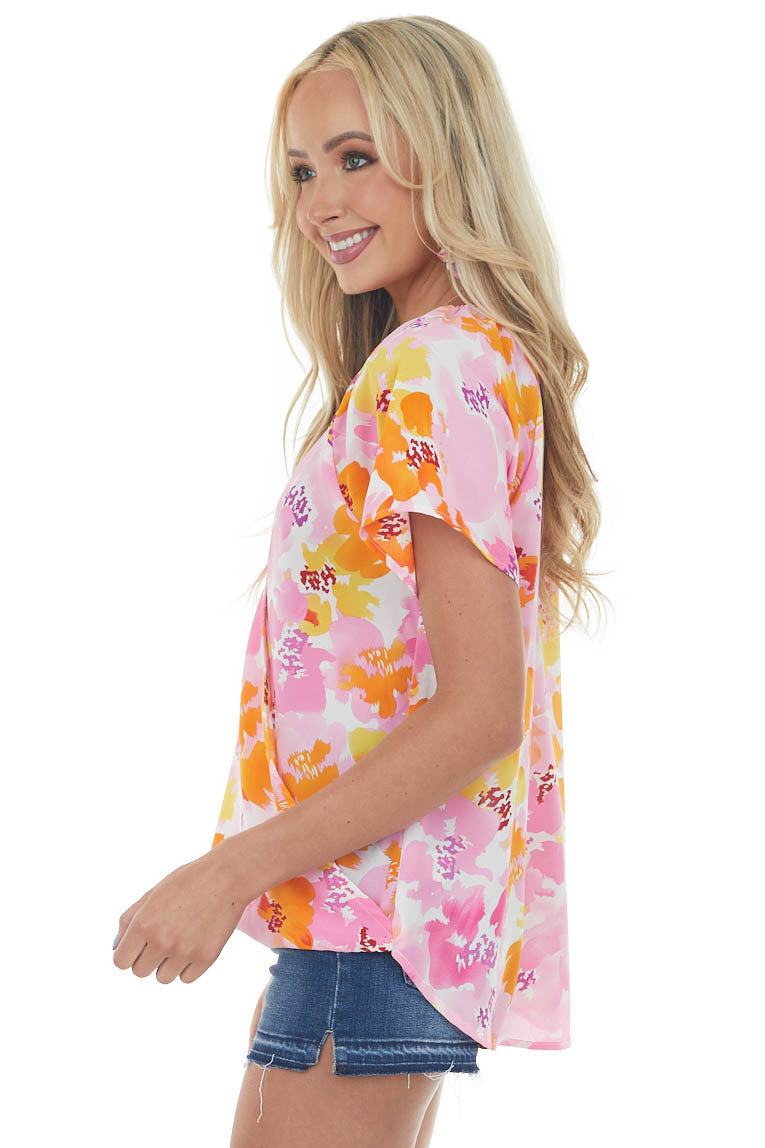 Carnation Floral Short Sleeve Surplice Blouse
