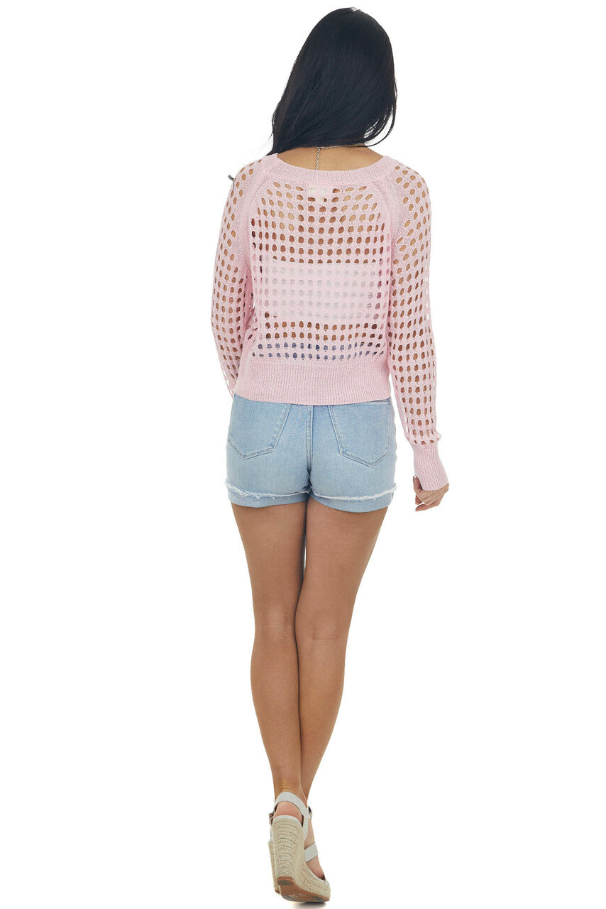 Carnation Pink Long Sleeve Open Knit Crop Top
