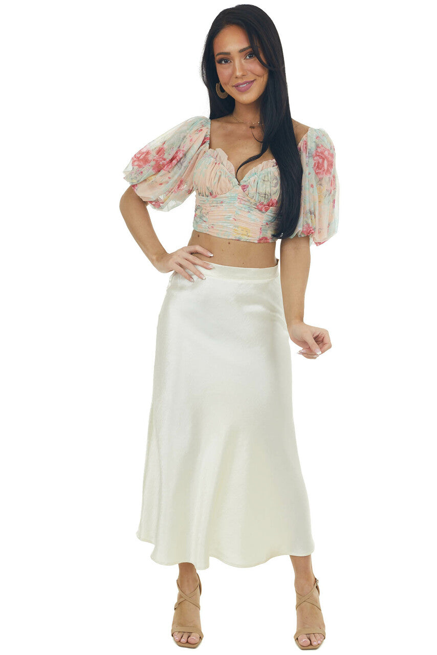 Champagne A-Line Satin Woven Midi Skirt