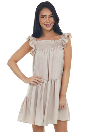 Champagne Babydoll Ruffle Sleeve Short Dress