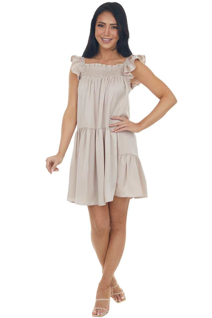 Champagne Babydoll Ruffle Sleeve Short Dress